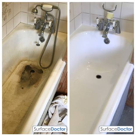 Manchester bath crack repair service before and after - dramatic transformation showing damaged cast iron bath completely restored to pristine condition using specialist repair compounds in Northern Quarter property